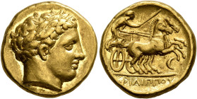 KINGS OF MACEDON. Philip II, 359-336 BC. Stater (Gold, 17 mm, 8.60 g, 9 h), Amphipolis, circa 340/36-328. Laureate head of Apollo to right. Rev. ΦΙΛΙΠ...