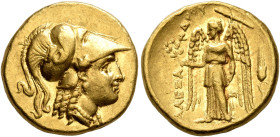 KINGS OF MACEDON. Alexander III ‘the Great’, 336-323 BC. Stater (Gold, 17 mm, 8.65 g, 2 h), Miletos, struck under Asandros, 323-319. Head of Athena to...