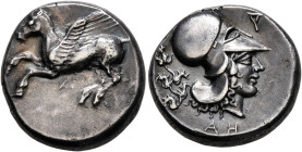 EPEIROS. Ambrakia. Circa 404-360 BC. Stater (Silver, 19 mm, 8.49 g, 3 h). Α Pegasos flying left. Rev. Α Head of Athena to right, wearing Corinthian he...