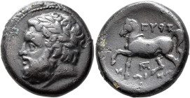 THESSALY. Gyrton. Circa 300-196 BC. Trichalkon (Bronze, 21 mm, 9.38 g, 7 h). Laureate and bearded head of Zeus to left. Rev. ΓΥΡΤ-ΩИΙΩИ Horse prancing...