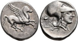 AKARNANIA. Anaktorion. Circa 350-300 BC. Stater (Silver, 21 mm, 8.48 g, 12 h). Pegasos flying right; below, monogram of AN. Rev. Head of Athena to rig...