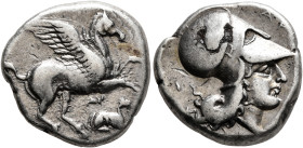 AKARNANIA. Argos Amphilochikon. Circa 360-330 BC. Stater (Silver, 19 mm, 8.38 g, 4 h). ΑΡ Pegasos flying right; below, dog to right. Rev. ΑΡ[ΓΕΩΝ] Hea...