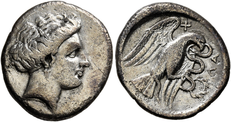 EUBOIA. Chalkis. Circa 338-308 BC. Drachm (Silver, 17 mm, 3.41 g, 9 h). Head of ...