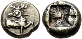 IONIA. Ephesos. Phanes, circa 625-600 BC. Hemihekte – 1/12 Stater (Subaeratus, 8 mm, 0.93 g), a contemporary plated imitation. Forepart of a stag to r...