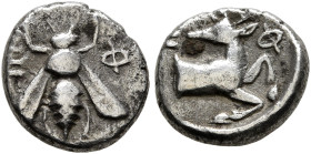IONIA. Ephesos. Circa 390-380 BC. Obol (Silver, 9 mm, 0.76 g, 11 h). E-Φ Bee. Rev. E-Φ Forepart of a stag to right, head turned back to left. SNG Cope...