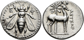 IONIA. Ephesos. Circa 202-150 BC. Drachm (Silver, 17 mm, 4.06 g, 12 h), Leukon, magistrate. E-Φ Bee. Rev. ΛΕΥΚΩΝ Stag standing right; behind, palm tre...