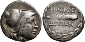 IONIA. Herakleia ad Latmon. Circa 150-142 BC. Octobol (Silver, 18 mm, 4.85 g, 9 h). Head of Athena to right, wearing crested Corinthian helmet. Rev. Η...