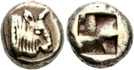 IONIA. Klazomenai (?). Circa 550-500 BC. Hekte (Electrum, 9 mm, 2.36 g), Milesian standard. Head of a bull to right. Rev. Quadripartite incuse square....