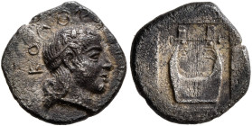 IONIA. Kolophon. Circa 450-410 BC. Trihemiobol (Silver, 11 mm, 1.29 g, 12 h). ΚΟΛΟΦ[...] Laureate head of Apollo to right. Rev. Kithara within incuse ...