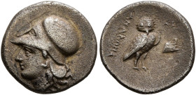 IONIA. Lebedos. Circa 330-300 BC. Triobol (Silver, 12 mm, 1.61 g, 12 h), Anakles, magistrate. Head of Athena to left, wearing Corinthian helmet. Rev. ...