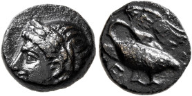 IONIA. Leukai. Circa 350-300 BC. AE (Bronze, 10 mm, 1.34 g, 12 h). Laureate head of Apollo to left. Rev. ΛEΟ - [...] Swan standing left with wings spr...