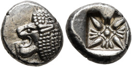 IONIA. Miletos. Late 6th-early 5th century BC. Diobol (Silver, 9 mm, 1.23 g). Forepart of a lion to right, head turned to left. Rev. Stellate design w...