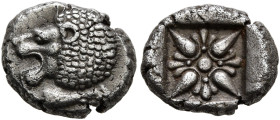 IONIA. Miletos. Late 6th-early 5th century BC. Diobol (Silver, 10 mm, 1.32 g, 12 h). Forepart of a lion to right, head turned to left. Rev. Stellate d...