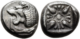 IONIA. Miletos. Late 6th-early 5th century BC. Diobol (Silver, 8 mm, 1.14 g, 12 h). Forepart of a lion to right, head turned to left. Rev. Stellate de...