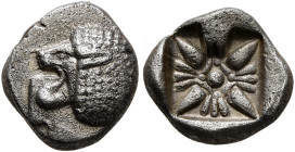 IONIA. Miletos. Late 6th-early 5th century BC. Diobol (Silver, 9 mm, 1.00 g, 12 h). Forepart of a lion to right, head turned to left. Rev. Stellate de...