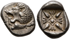 IONIA. Miletos. Late 6th-early 5th century BC. Diobol (Silver, 9 mm, 1.15 g). Forepart of a lion to right, head turned to left. Rev. Stellate design w...