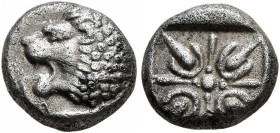 IONIA. Miletos. Late 6th-early 5th century BC. Diobol (Silver, 8 mm, 1.00 g, 12 h). Forepart of a lion to right, head turned to left. Rev. Stellate de...