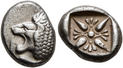 IONIA. Miletos. Late 6th-early 5th century BC. Diobol (Silver, 9 mm, 1.17 g). Forepart of a lion to right, head turned to left. Rev. Stellate design w...