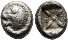 IONIA. Miletos. Late 6th-early 5th century BC. Diobol (Silver, 9 mm, 1.14 g, 12 h). Forepart of a lion to right, head turned to left. Rev. Stellate de...