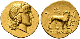 IONIA. Miletos. Circa 130-120 BC. Stater (Gold, 20 mm, 8.51 g, 12 h), Attic standard, Eumechanos, magistrate. Laureate head of Apollo to right, with b...