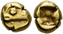 IONIA. Phokaia. Circa 625/0-522 BC. Myshemihekte – 1/24 Stater (Electrum, 6 mm, 0.64 g). Head of a seal to left. Rev. Incuse square punch. BMFA -. Bod...