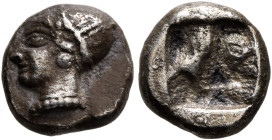 IONIA. Phokaia. Circa 521-478 BC. Diobol (Silver, 9 mm, 1.16 g). Head of a nymph to left, wearing sakkos adorned with a central band and circular earr...