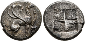 IONIA. Teos. Circa 500-450 BC. Trihemiobol (Silver, 10 mm, 1.40 g). Griffin seated to right, his left forepaw raised; to right, astragalos. Rev. Quadr...