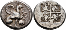IONIA. Teos. Circa 450-425 BC. Stater (Silver, 23 mm, 11.84 g). THI Griffin, with curved wings, seated to right, raising left foreleg; in field to rig...
