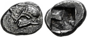 IONIA. Uncertain. 5th century BC. Obol (Silver, 9 mm, 0.72 g). Corinthian helmet to left. Rev. Quadripartite incuse square. Rosen 109 ('Skione'). SNG ...