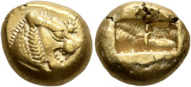 KINGS OF LYDIA. Alyattes to Kroisos, circa 610-546 BC. Trite (Electrum, 11 mm, 4.68 g), Sardes. Head of a lion with sun and rays on its forehead to ri...