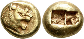 KINGS OF LYDIA. Alyattes to Kroisos, circa 610-546 BC. Trite (Electrum, 11 mm, 4.76 g), Sardes. Head of a lion with sun and rays on its forehead to ri...