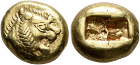 KINGS OF LYDIA. Alyattes to Kroisos, circa 610-546 BC. Trite (Electrum, 11 mm, 4.75 g), Sardes. Head of a lion with sun and rays on its forehead to ri...