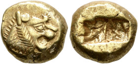 KINGS OF LYDIA. Alyattes to Kroisos, circa 610-546 BC. Trite (Electrum, 17 mm, 4.71 g), Sardes. Head of a lion with sun and rays on its forehead to ri...