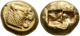 KINGS OF LYDIA. Alyattes to Kroisos, circa 610-546 BC. Trite (Electrum, 11 mm, 4.74 g), Sardes. Head of a lion with sun and rays on its forehead to ri...