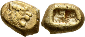 KINGS OF LYDIA. Alyattes to Kroisos, circa 610-546 BC. Trite (Electrum, 12 mm, 4.75 g), Sardes. Head of a lion with sun and rays on its forehead to ri...