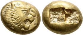 KINGS OF LYDIA. Alyattes to Kroisos, circa 610-546 BC. Trite (Electrum, 12 mm, 4.73 g), Sardes. Head of a lion with sun and rays on its forehead to ri...