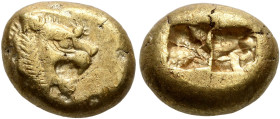 KINGS OF LYDIA. Alyattes to Kroisos, circa 610-546 BC. Trite (Electrum, 12 mm, 4.74 g), Sardes. Head of a lion with sun and rays on its forehead to ri...