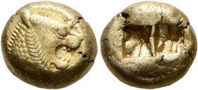 KINGS OF LYDIA. Alyattes to Kroisos, circa 610-546 BC. Trite (Electrum, 11 mm, 4.73 g), Sardes. Head of a lion with sun and rays on its forehead to ri...