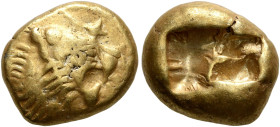 KINGS OF LYDIA. Alyattes to Kroisos, circa 610-546 BC. Trite (Electrum, 12 mm, 4.68 g), Sardes. Head of a lion with sun and rays on its forehead to ri...