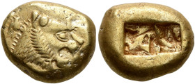 KINGS OF LYDIA. Alyattes to Kroisos, circa 610-546 BC. Trite (Electrum, 12 mm, 4.69 g), Sardes. Head of a lion with sun and rays on its forehead to ri...