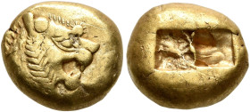 KINGS OF LYDIA. Alyattes to Kroisos, circa 610-546 BC. Trite (Electrum, 11 mm, 4.74 g), Sardes. Head of a lion with sun and rays on its forehead to ri...