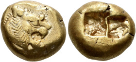 KINGS OF LYDIA. Alyattes to Kroisos, circa 610-546 BC. Trite (Electrum, 11 mm, 4.71 g), Sardes. Head of a lion with sun and rays on its forehead to ri...