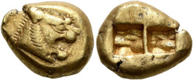 KINGS OF LYDIA. Alyattes to Kroisos, circa 610-546 BC. Trite (Electrum, 13 mm, 4.74 g), Sardes. Head of a lion with sun and rays on its forehead to ri...