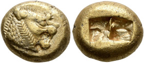 KINGS OF LYDIA. Alyattes to Kroisos, circa 610-546 BC. Trite (Electrum, 12 mm, 4.73 g), Sardes. Head of a lion with sun and rays on its forehead to ri...