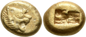 KINGS OF LYDIA. Alyattes to Kroisos, circa 610-546 BC. Trite (Electrum, 12 mm, 4.71 g), Sardes. Head of a lion with sun and rays on its forehead to ri...