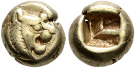 KINGS OF LYDIA. Alyattes to Kroisos, circa 610-546 BC. Hemihekte – 1/12 Stater (Electrum, 6 mm, 1.17 g), Sardes. Head of a lion with sun and rays on i...