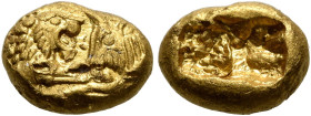 KINGS OF LYDIA. Kroisos, circa 560-546 BC. 1/6 Stater (Gold, 9 mm, 1.80 g), heavy standard, Sardes. Confronted foreparts of a lion and a bull. Rev. Tw...