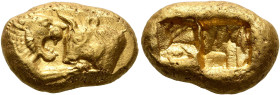 KINGS OF LYDIA. Kroisos, circa 560-546 BC. Stater (Gold, 16 mm, 8.05 g), light standard, Sardes. Confronted foreparts of a lion and a bull. Rev. Two i...
