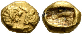 KINGS OF LYDIA. Kroisos, circa 560-546 BC. 1/12 Stater (Gold, 8 mm, 0.73 g), light standard, Sardes. Confronted foreparts of a lion and a bull. Rev. T...