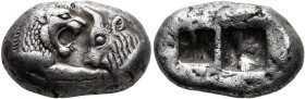 KINGS OF LYDIA. Kroisos, circa 560-546 BC. Double Siglos (Silver, 22 mm, 10.66 g), Sardes. Confronted foreparts of a lion and a bull. Rev. Two incuse ...